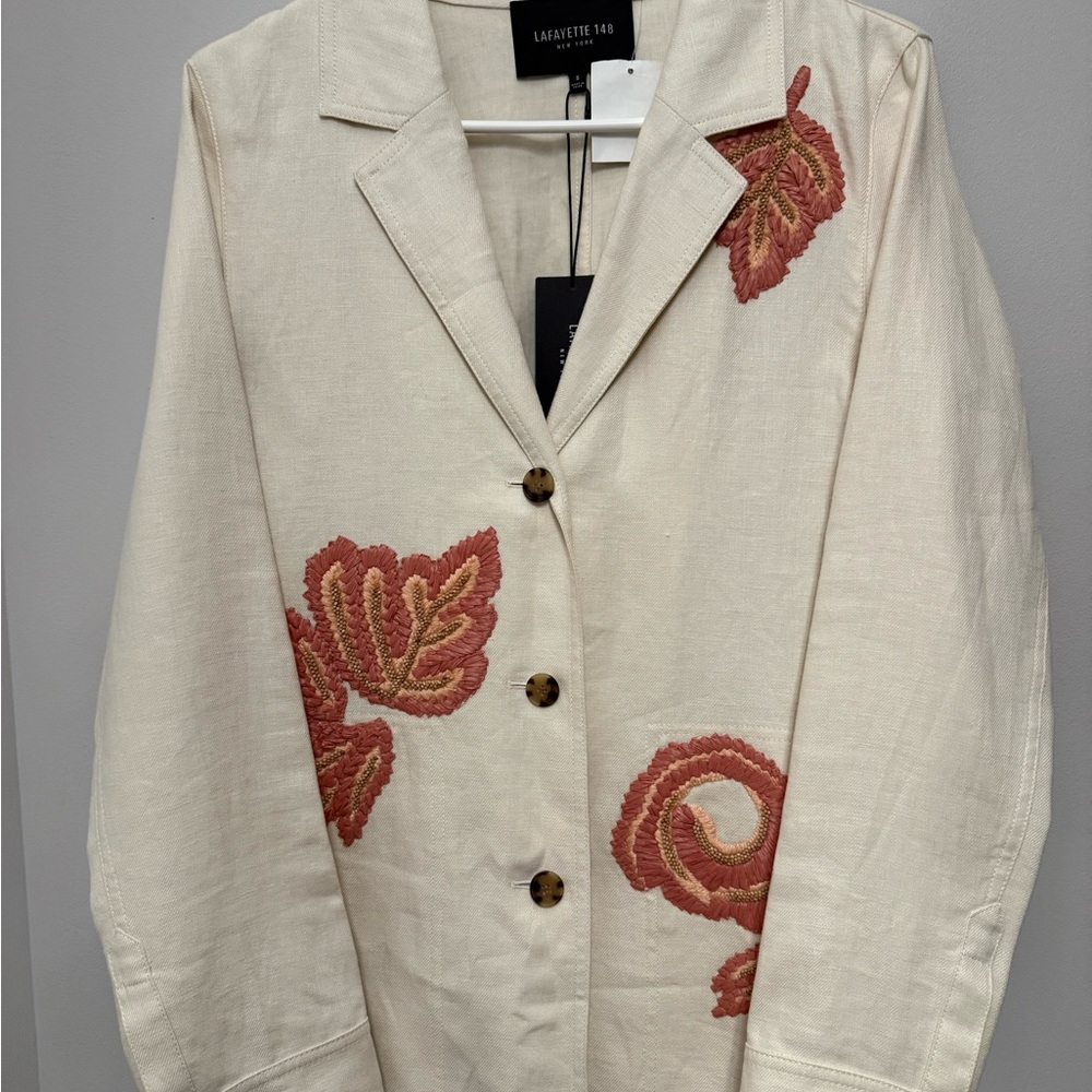 Lafayette 148 New York Beige Blazer with Coral Embroidery Size S